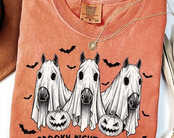 Comfort Colors Halloween Spooky Night Mares Horse Sweatshirt, Ghost Horses Shirt, Spooky Horses Shirt, Cowboy Halloween Shirt, Western Shirt