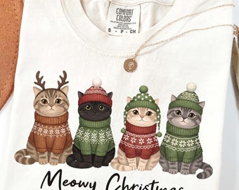 Comfort Colors® Meowy Christmas Shirt, Cute Cat Christmas Shirt, Funny Holiday Cat Shirt, Cats in Sweaters Shirt, Cat Lover Christmas Shirt