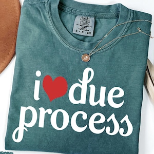 Pode incluir: Camiseta azul abeto com a frase "i ❤️ due process" em escrita branca e um coração vermelho. Um colar de ouro com um pingente repousa sobre a camiseta. A camiseta é dobrada e exibida com um chapéu marrom e uma planta seca.