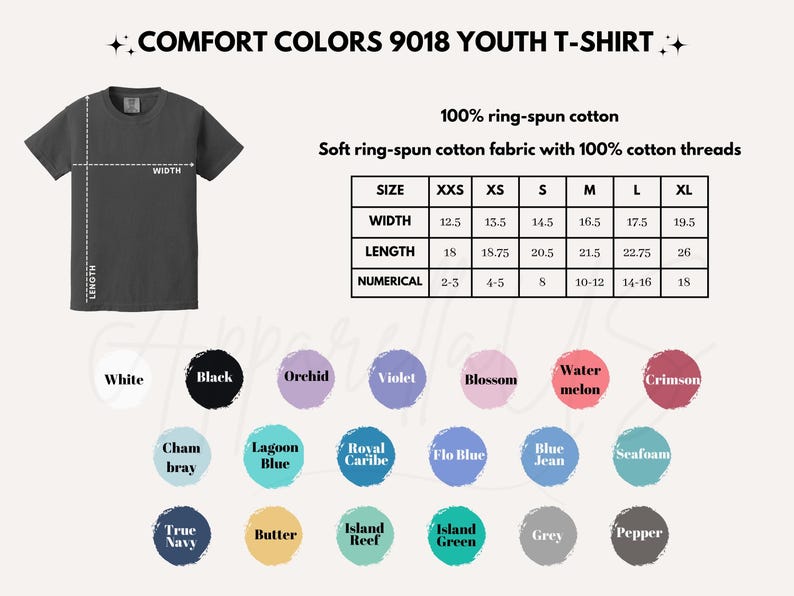 May include: A dark gray Comfort Colors 9018 youth t-shirt with a size chart and color options. The shirt is made of 100% ring-spun cotton. Color options include white, black, orchid, violet, and more. Width measurements range from 12.5 to 19.5 inches.