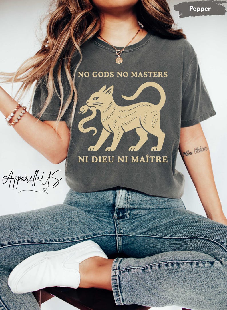 May include: Dark gray t-shirt with the text "NO GODS NO MASTERS" above a tan cat graphic holding a snake. Below the graphic is the text "NI DIEU NI MA&Icirc;TRE". The shirt is a casual style.