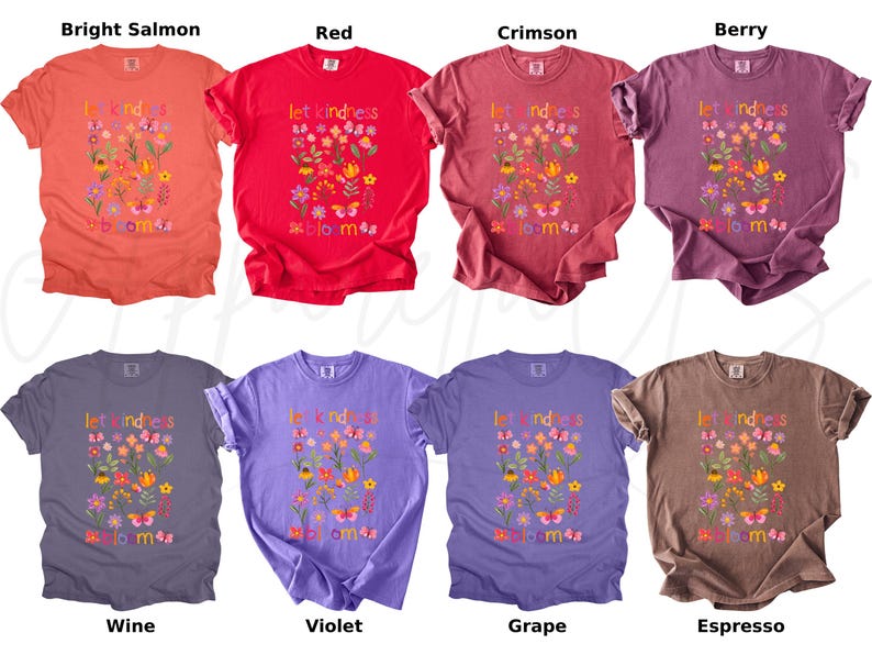 Pode incluir: Uma cole&ccedil;&atilde;o de oito camisetas coloridas, cada uma com a frase "let kindness bloom" e gr&aacute;ficos florais e de borboletas. As camisetas est&atilde;o dispon&iacute;veis em v&aacute;rias tonalidades, incluindo salm&atilde;o brilhante, vermelho, carmesim, berry, vinho, violeta, uva e espresso.
