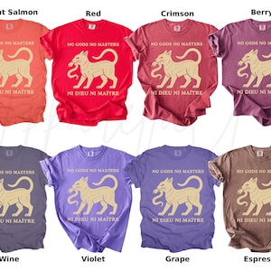 May include: A collection of eight t-shirts in various colors, including bright salmon, red, crimson, berry, wine, violet, grape, and espresso. Each shirt features a beige cat graphic with the text "NO GODS NO MASTERS" and "NI DIEU NI MAITRE".