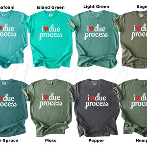 May include: A collection of eight t-shirts in various colors, including seafoam, island green, and sage. Each shirt features the text "I due process" with a red heart. The shirts are short-sleeved and appear to be made of a soft material.