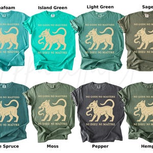 May include: A collection of eight t-shirts in various colors, including seafoam, island green, and sage. Each shirt features a graphic of a cat holding a snake, with the text "NO GODS NO MASTERS" and "NI DIEU NI MAITRE" printed on the front.