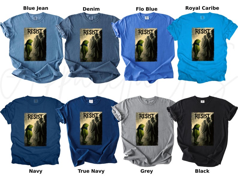 Pu&ograve; includere: Una collezione di otto magliette in vari colori, tra cui blu, navy, grigio e nero. Ogni maglietta presenta la parola "RESIST" sopra un'immagine di una figura verde e altre figure. Le magliette sono etichettate con i rispettivi colori.