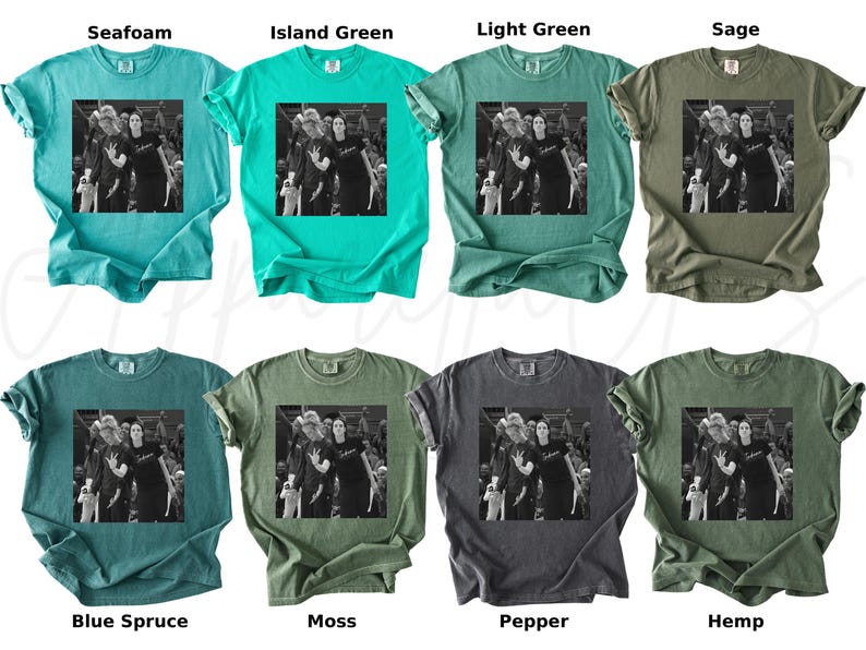 May include: A collection of eight different colored t-shirts. Each shirt features a black and white image of a group of people. The shirt colors include seafoam, island green, light green, sage, blue spruce, moss, pepper, and hemp.