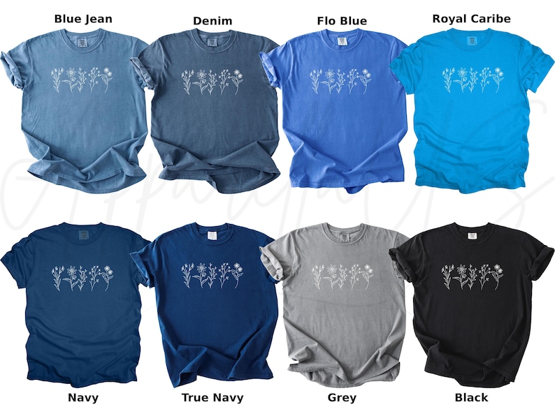 May include: A set of ten t-shirts in various colours, each featuring a white floral design. The colours include blue jean, denim, flo blue, royal caribe, navy, true navy, grey, and black.