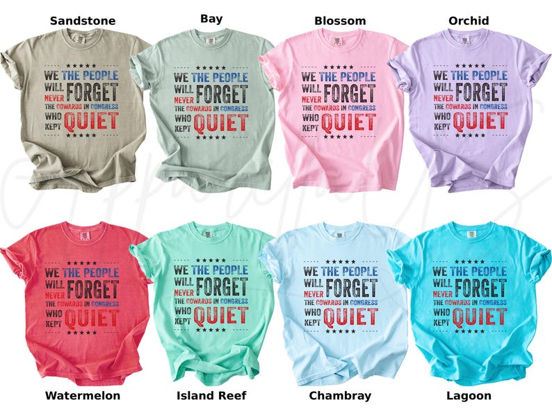 May include: A collection of eight short-sleeved t-shirts in various colors, each displaying the message "WE THE PEOPLE WILL NEVER FORGET THE COWARDS IN CONGRESS WHO KEPT QUIET" in a bold, patriotic design. Colors include tan, blue, pink, purple, red, teal, light blue, and turquoise.