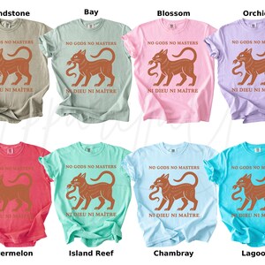 May include: A collection of eight t-shirts in various colors, each featuring a brown cat graphic with a snake and the text "NO GODS NO MASTERS" and "NI DIEU NI MA&Icirc;TRE". Colors include sandstone, bay, blossom, orchid, watermelon, island reef, chambray, and lagoon.