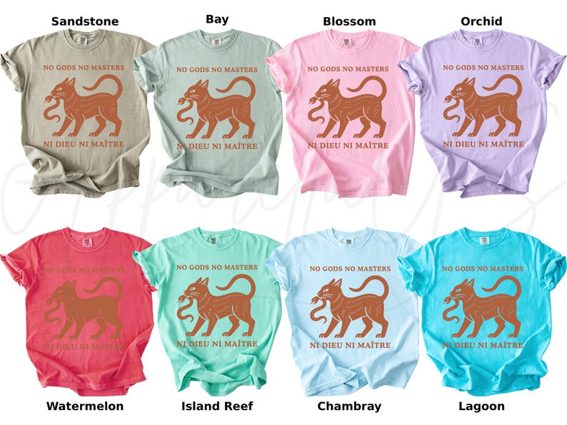 May include: A collection of eight t-shirts in various colors, each featuring a brown cat graphic with a snake and the text "NO GODS NO MASTERS" and "NI DIEU NI MA&Icirc;TRE". Colors include sandstone, bay, blossom, orchid, watermelon, island reef, chambray, and lagoon.