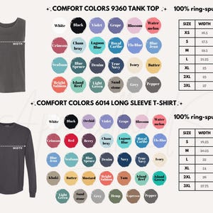 May include: Image featuring a Comfort Colors tank top and long sleeve t-shirt with color swatches and size charts. The tank top is a dark gray color. The size charts show measurements in inches for width and length.