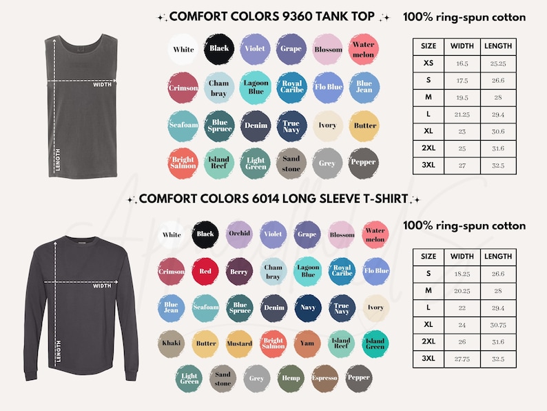 May include: Image featuring a Comfort Colors tank top and long sleeve t-shirt with color swatches and size charts. The tank top is a dark gray color. The size charts show measurements in inches for width and length.