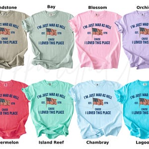May include: A collection of eight short-sleeved t-shirts in various colors, each featuring the phrase "I'M JUST MAD AS HELL" above an American flag graphic and the text "CAUSE I LOVED THIS PLACE". Colors include sandstone, bay, blossom, orchid, watermelon, island reef, chambray, and lagoon.