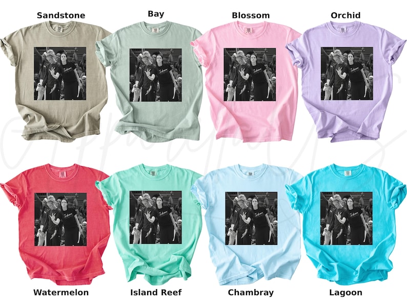 May include: A collection of eight t-shirts in various colors, including Sandstone, Bay, Blossom, Orchid, Watermelon, Island Reef, Chambray, and Lagoon. Each shirt features a black and white image of a group of people. The shirts are short-sleeved.
