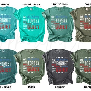 May include: A collection of eight t-shirts in various colors, including seafoam, island green, and sage. Each shirt features the text "WE THE PEOPLE WILL NEVER FORGET THE COWARDS IN CONGRESS WHO KEPT QUIET" in a patriotic design.