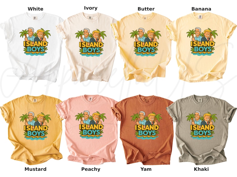 Pu&ograve; includere: Una collezione di t-shirt in vari colori, tra cui bianco, avorio, burro, banana, senape, pesca, igname e kaki. Ogni maglietta presenta la scritta "ISLAND BOYS" con un'illustrazione di due uomini sotto palme.