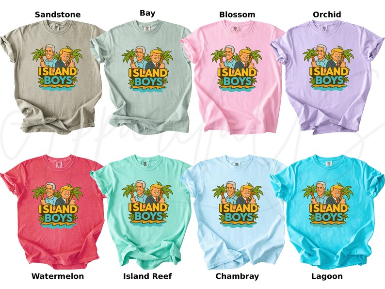 Pu&ograve; includere: Una collezione di otto t-shirt in vari colori, tra cui sabbia, baia, fiore, orchidea, anguria, barriera corallina, chambray e laguna. Ogni maglietta presenta una grafica di due uomini con palme e la scritta "ISLAND BOYS".