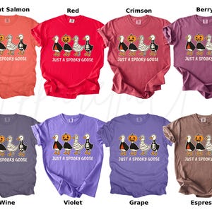 K&ouml;nnte beinhalten: Eine Kollektion von acht T-Shirts in verschiedenen Farben, jeweils mit einem Halloween-Motiv. Das Design zeigt Cartoon-G&auml;nse, einen K&uuml;rbis und den Text "JUST A SPOOKY GOOSE". Farben sind helles Lachs, Rot, Karmesinrot, Beere, Wein, Violett, Traube und Espresso.