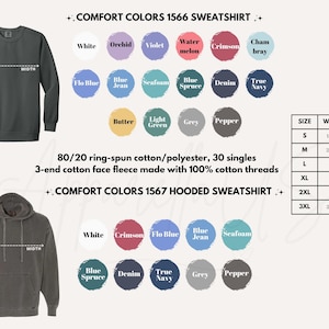 Pu&ograve; includere: L'immagine presenta una felpa grigio scuro e una felpa con cappuccio, entrambe con opzioni di taglia e colore. Le felpe sono etichettate come Comfort Colors 1566 e 1567, con colori come bianco, cremisi e blu jeans.
