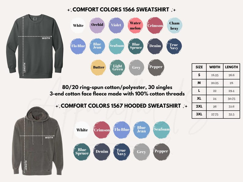 Pu&ograve; includere: L'immagine presenta una felpa grigio scuro e una felpa con cappuccio, entrambe con opzioni di taglia e colore. Le felpe sono etichettate come Comfort Colors 1566 e 1567, con colori come bianco, cremisi e blu jeans.