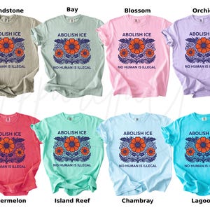May include: A collection of eight t-shirts in various colors, each featuring the text "ABOLISH ICE" and "NO HUMAN IS ILLEGAL". The shirts display a floral design with orange and blue accents.