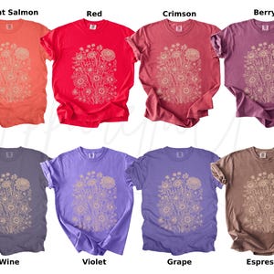 Pode incluir: Uma cole&ccedil;&atilde;o de oito camisetas em v&aacute;rias cores, incluindo salm&atilde;o brilhante, vermelho, carmesim e caf&eacute;. Cada camisa apresenta um design floral em um tom mais claro. As cores incluem vinho, violeta e uva. As camisetas s&atilde;o de manga curta e t&ecirc;m um ajuste relaxado.