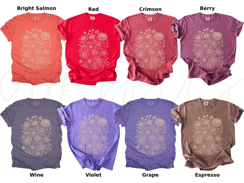 Pode incluir: Uma cole&ccedil;&atilde;o de oito camisetas em v&aacute;rias cores, incluindo salm&atilde;o brilhante, vermelho, carmesim e caf&eacute;. Cada camisa apresenta um design floral em um tom mais claro. As cores incluem vinho, violeta e uva. As camisetas s&atilde;o de manga curta e t&ecirc;m um ajuste relaxado.