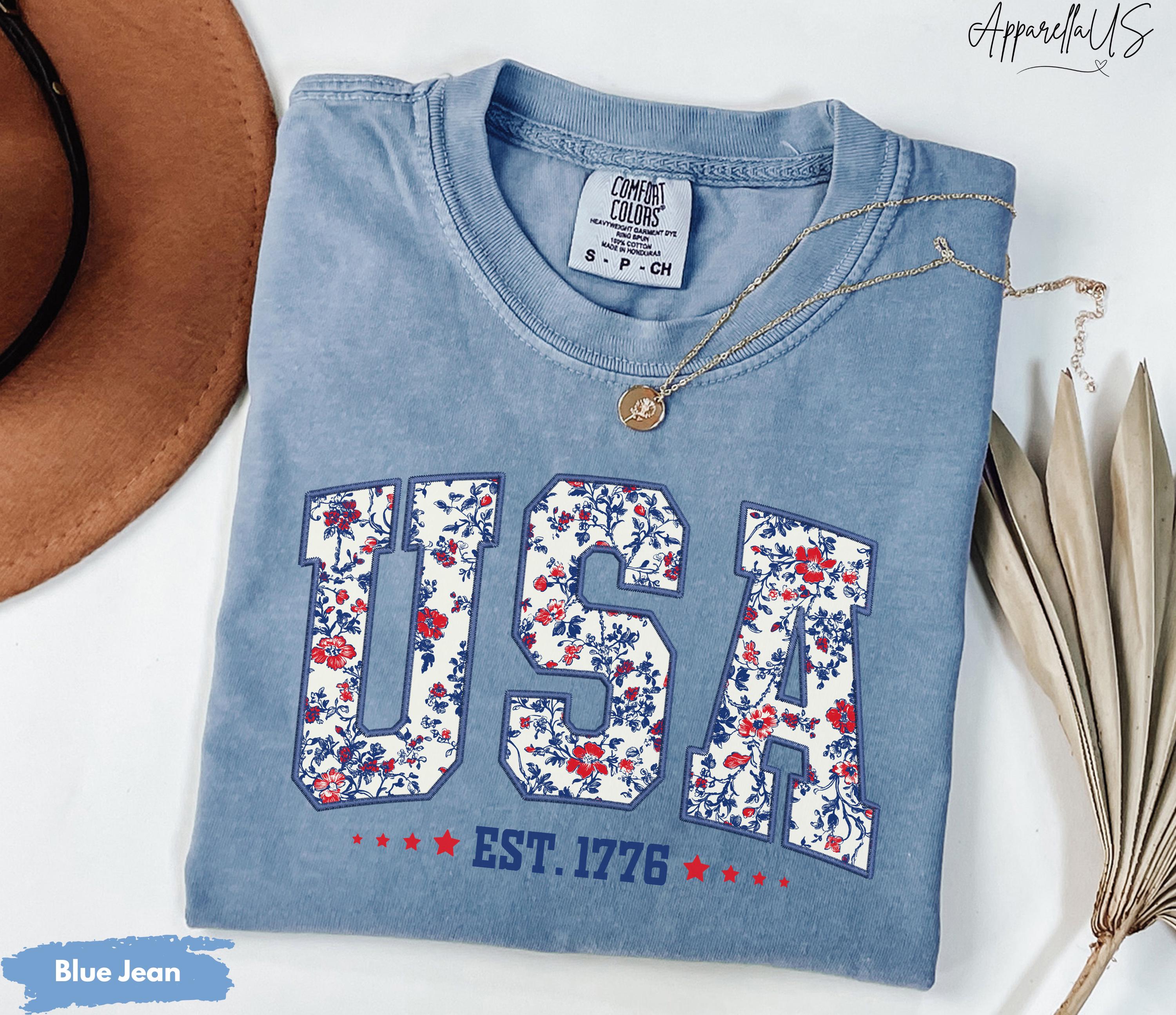 Camiseta Comfort Colors® USA, camiseta con flores de EE. UU., camiseta de Estados Unidos, camiseta del 4 de julio, camiseta floral patriótica, camiseta de EE. UU., camiseta con bandera estadounidense