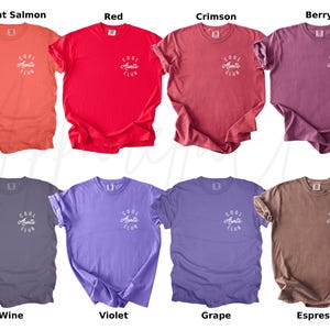 May include: Ten different colored t-shirts with the text "Cool Aunts Club" printed on the front. The colors are bright salmon, red, crimson, berry, wine, violet, grape, and espresso.
