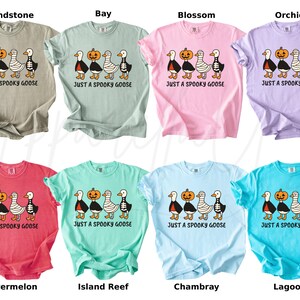 K&ouml;nnte beinhalten: Acht T-Shirts in verschiedenen Farben, jeweils mit einem Cartoon-G&auml;nsemotiv, einem K&uuml;rbis und dem Text "JUST A SPOOKY GOOSE". Die Farben sind Beige, Gr&uuml;n, Rosa, Lila, Rot, T&uuml;rkis, Hellblau und T&uuml;rkis.