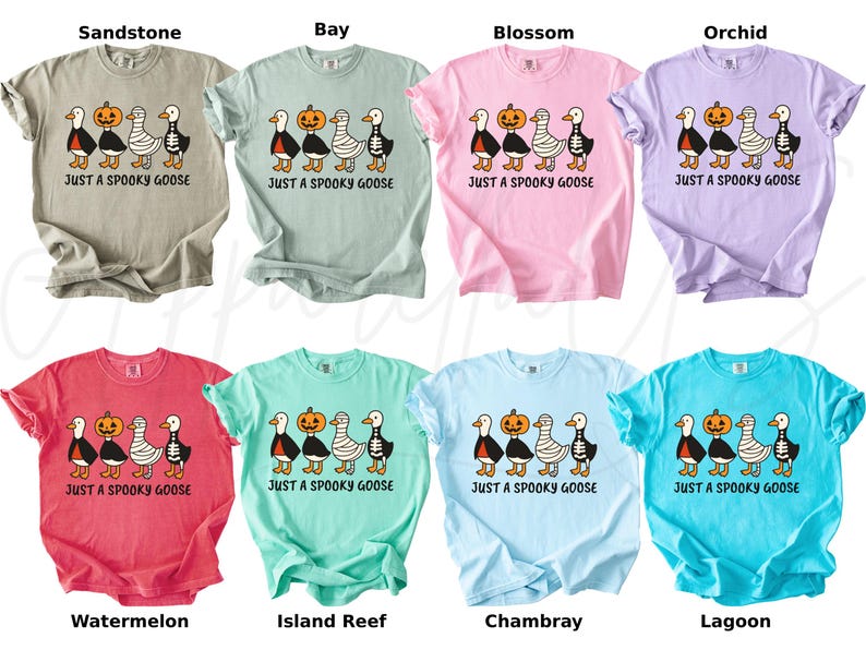 K&ouml;nnte beinhalten: Acht T-Shirts in verschiedenen Farben, jeweils mit einem Cartoon-G&auml;nsemotiv, einem K&uuml;rbis und dem Text "JUST A SPOOKY GOOSE". Die Farben sind Beige, Gr&uuml;n, Rosa, Lila, Rot, T&uuml;rkis, Hellblau und T&uuml;rkis.