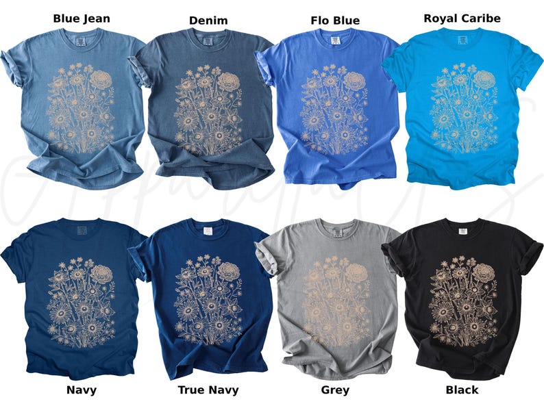 Pode incluir: Oito camisetas de manga curta em v&aacute;rias cores: azul jeans, ganga, azul flo, caribe real, marinho, azul marinho, cinza e preto. Cada camisa apresenta um desenho floral em uma cor mais clara. As camisetas t&ecirc;m gola redonda.