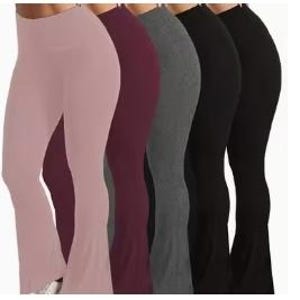 May include: A row of flared leggings in various colors: dusty rose, burgundy, gray, and black. The leggings have a high-waisted design and a wide, flowing leg. The fabric appears to be a soft, stretchy material.