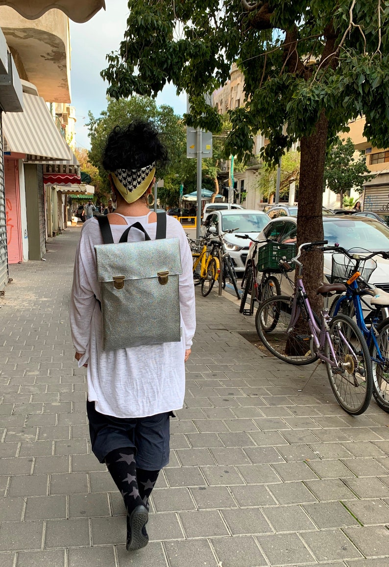 Woman Backpack Medium Size Backpack Woman Rucksack Eco Friendly Backpack Handmade Backpack Bike Bag. Silver Backpack