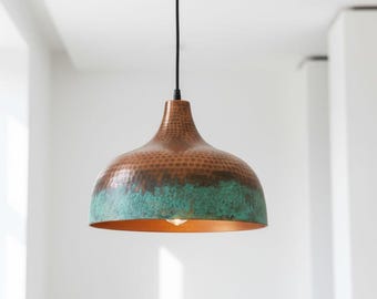 Handmade Solid Copper Pendant Light – Hammered Finish, Natural Turquoise Patina Ceiling Lamp