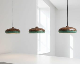 Set of 3 Oxidized Copper Pendant Light – Green Patina Dome