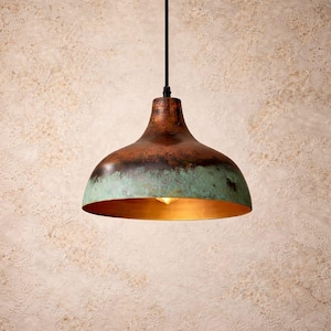 Green Patina Copper Pendant Light, Handmade Oxidized Farmhouse Ceiling Lamp