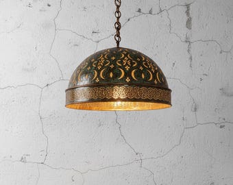 Lámpara colgante de cúpula de cobre martillado a mano / Lámpara de techo con diseño de luna arabesca