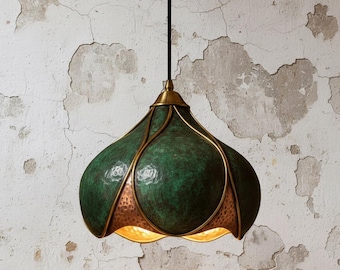 Hammered Finish, Natural Turquoise Patina Ceiling Lamp - Handmade Solid Copper Pendant Light