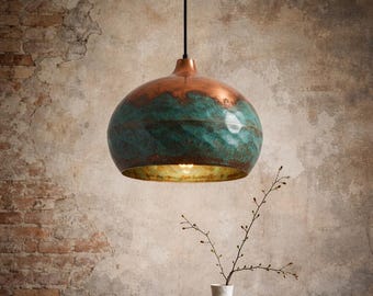 Hammered Copper Dome Lampshade: Green Patina Moroccan Light