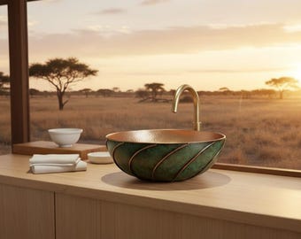 Swirl Copper Sink | Green Stripe Vessel Basin | Handcrafted Moroccan Bathroom Sink | Dome Copper Bowl | Unique Luxury Vanity Sink