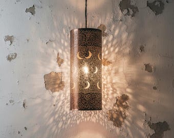 Moroccan Copper Cylinder Pendant Lamp – Star & Moon Perforations