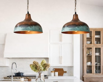 2er Set grüne Patina Kupfer Pendelleuchte, handgefertigte oxidierte Bauernhaus Deckenleuchte