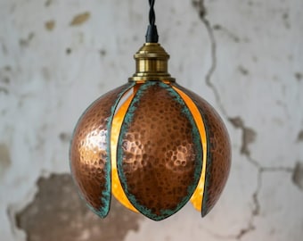 Moroccan Copper Lotus Flower Pendant Light | Handmade Hammered Floral Ceiling Lamp | Boho Kitchen Island Light | Artisan Verdigris Decor