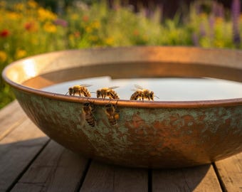 Cuenco de cobre para bebederos de abejas / Plato de agua para colmenas hecho a mano / Regalo para apicultores / Estación de agua para polinizadores / Pátina verdigrís