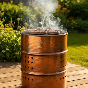 Può includere: Un barbecue a botte color rame con una griglia di cottura, che griglia hamburger ed emette fumo. Il barbecue ha una superficie strutturata e fori di ventilazione circolari. Lo sfondo presenta fogliame verde e un ponte di legno.