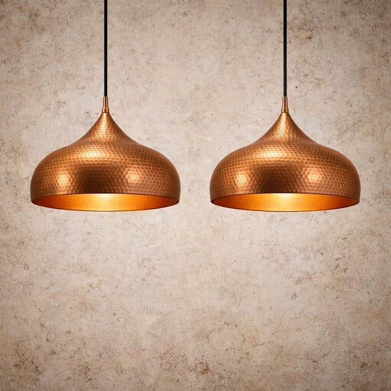 Set of 2 Rustic Handmade Copper Pendant Light – Hammered Solid Copper image 2