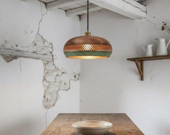 Lámpara colgante de cobre / Lámpara de techo con cúpula martillada y banda perforada / Iluminación de comedor estilo boho marroquí / Regalo hecho a mano