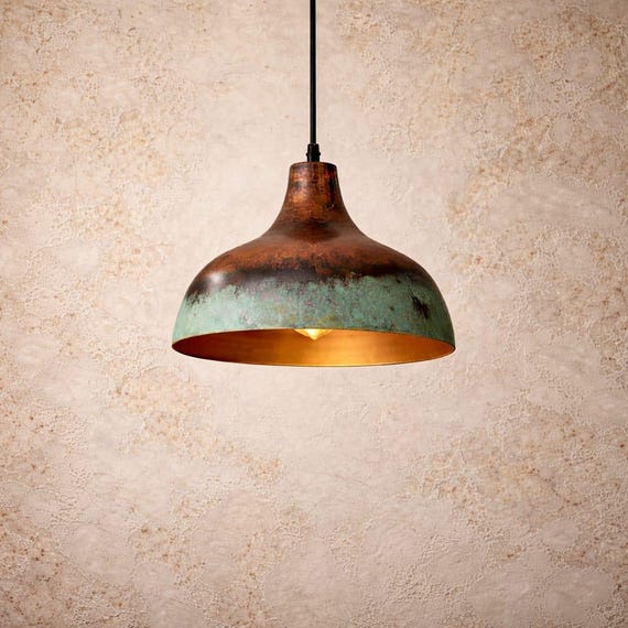 Green Patina Copper Pendant Light, Handmade Oxidized Farmhouse Ceiling Lamp